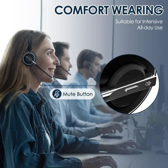 Alt view image 5 of 5 - PrancyBt Wireless Headset, Bluetooth Headset with AI Noise Cancelling Mic, Bluetooth V5.2 Headphones with USB Dongle, Charging Base & Mic Mute for PC/Cell Phones/Call Center (Binaural, Black)