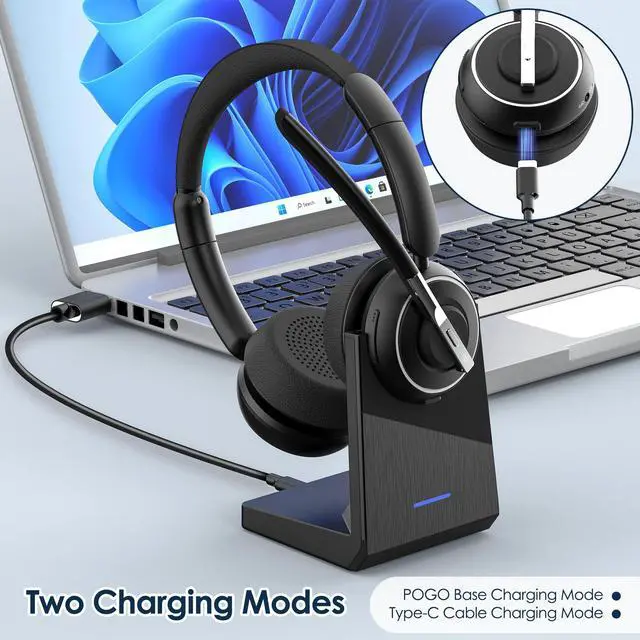 Alt view image 4 of 5 - PrancyBt Wireless Headset, Bluetooth Headset with AI Noise Cancelling Mic, Bluetooth V5.2 Headphones with USB Dongle, Charging Base & Mic Mute for PC/Cell Phones/Call Center (Binaural, Black)