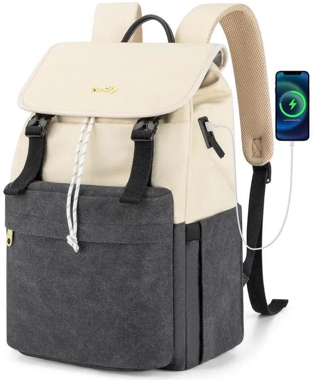 Main image of Orvilly Vintage Canvas Laptop Backpack for Women,15.6" Laptop College Rucksack with USB/Type-C Charging Port,Fashion Lightweight Bookbag Hiking Casual Daypack Backpacks for Travel WorkBlack & Beige