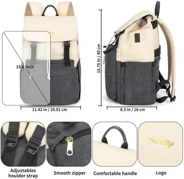 Alt view image 4 of 5 - Orvilly Vintage Canvas Laptop Backpack for Women,15.6" Laptop College Rucksack with USB/Type-C Charging Port,Fashion Lightweight Bookbag Hiking Casual Daypack Backpacks for Travel WorkBlack & Beige