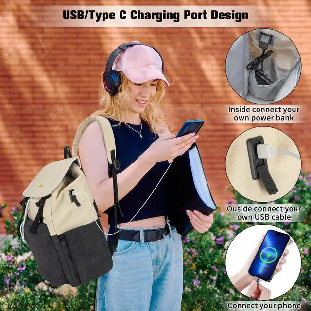 Alt view image 3 of 5 - Orvilly Vintage Canvas Laptop Backpack for Women,15.6" Laptop College Rucksack with USB/Type-C Charging Port,Fashion Lightweight Bookbag Hiking Casual Daypack Backpacks for Travel WorkBlack & Beige