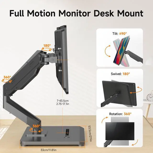 Alt view image 2 of 5 - Pholiten Adjustable Dual Monitor Arms with Gas Spring for 17-32 inch Screens,Pneumatic Dual VESA Monitor Mount with Base,Freestanding Full Motion Dual Monitor Desk Stand Holds up to 22 lbs Each.