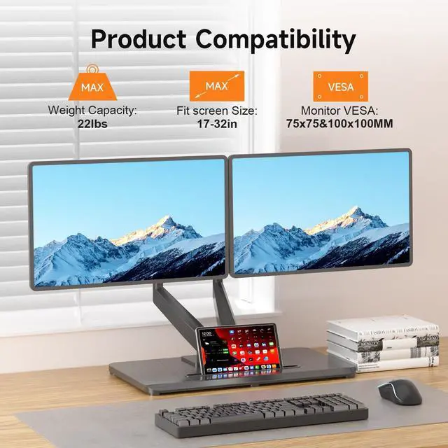 Alt view image 3 of 5 - Pholiten Adjustable Dual Monitor Arms with Gas Spring for 17-32 inch Screens,Pneumatic Dual VESA Monitor Mount with Base,Freestanding Full Motion Dual Monitor Desk Stand Holds up to 22 lbs Each.
