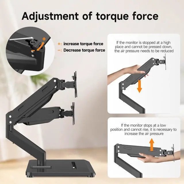 Alt view image 4 of 5 - Pholiten Adjustable Dual Monitor Arms with Gas Spring for 17-32 inch Screens,Pneumatic Dual VESA Monitor Mount with Base,Freestanding Full Motion Dual Monitor Desk Stand Holds up to 22 lbs Each.