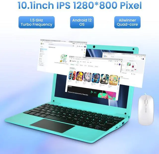 Alt view image 2 of 5 - Reuoptu 10.1 Inch Android 12.0 OS Laptop Computer,2GB RAM,64GB EMMC,AllWinner Quad-core 64-Bit Processor A133 Netbook,Ultra Slim Portable Business Office Study Laptop (Inches, 10, Blue)