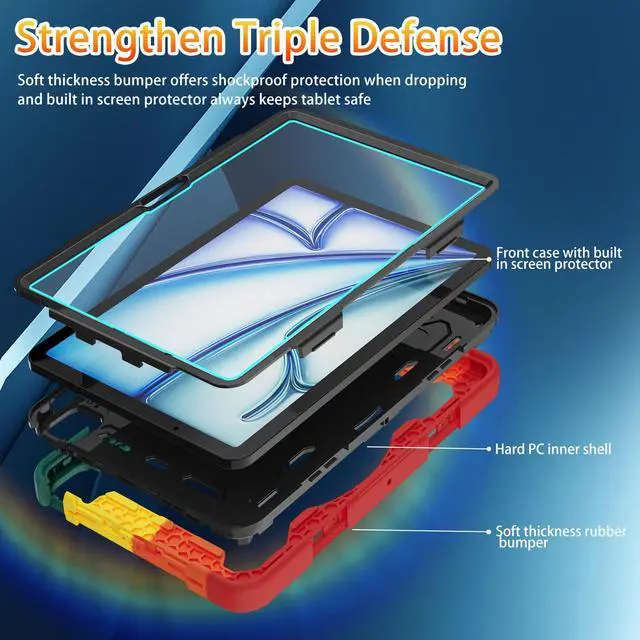 Alt view image 2 of 5 - ROSROME for iPad Air 11 inch Case M3 2025 / M2 2024, Air 6th Generation Case for Kids with HD Screen Protector, Shoulder Strap, 360 Stand, Hand Strap,Heavy Duty Shockproof Drop Protection