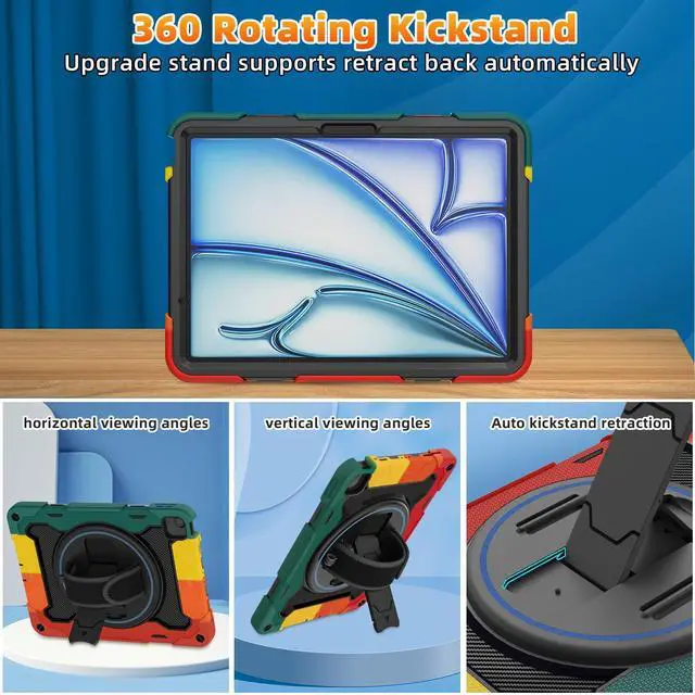 Alt view image 4 of 5 - ROSROME for iPad Air 11 inch Case M3 2025 / M2 2024, Air 6th Generation Case for Kids with HD Screen Protector, Shoulder Strap, 360 Stand, Hand Strap,Heavy Duty Shockproof Drop Protection