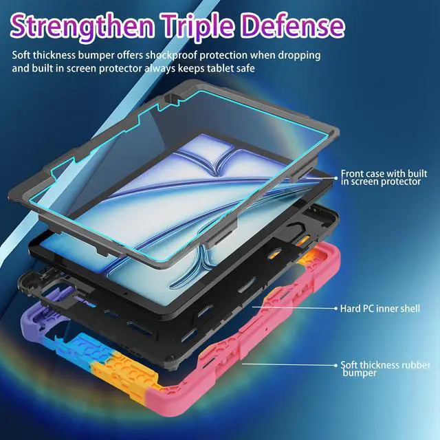 Alt view image 3 of 5 - ROSROME for Air 11 inch Case M3 2025 / M2 2024, Air 7th/6th Generation-with HD Screen Protector, 360 Rotating Kickstand/Hand Strap, Shoulder Strap, Pen Holder, Heavy Duty Military Grade- Kids Friendly