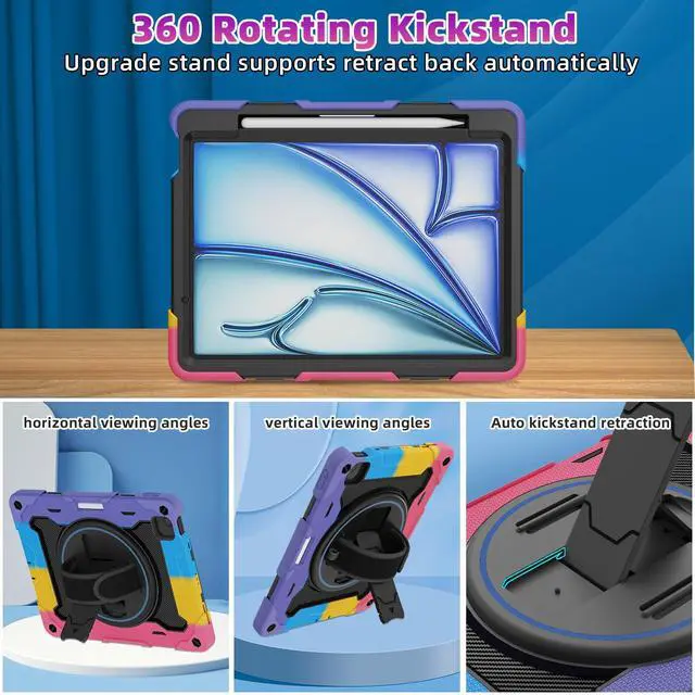 Alt view image 5 of 5 - ROSROME for Air 11 inch Case M3 2025 / M2 2024, Air 7th/6th Generation-with HD Screen Protector, 360 Rotating Kickstand/Hand Strap, Shoulder Strap, Pen Holder, Heavy Duty Military Grade- Kids Friendly