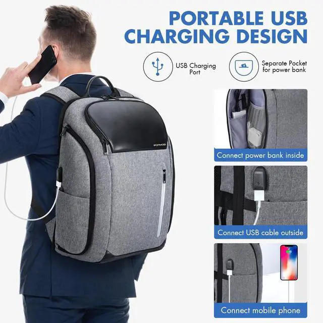 Alt view image 4 of 5 - Ponhog 17 Inch Laptop Backpack for Men, Business Travel Anti-Theft Backpack with USB Charging Port, Water Resistant Computer Bag Carry On Flight Approved for Work College Weekender, Light Gray