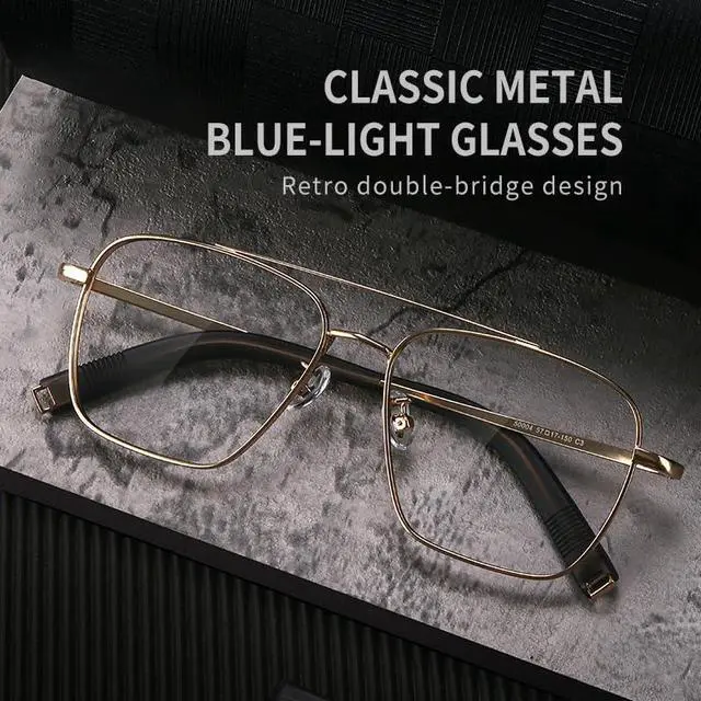 Alt view image 2 of 5 - PRIVOZA Oversized Blue Light Blocking Glasses for Men Double Bridge Retro Metal Eyeglasses/Gaming Glasses UV400 Protection (Glod)