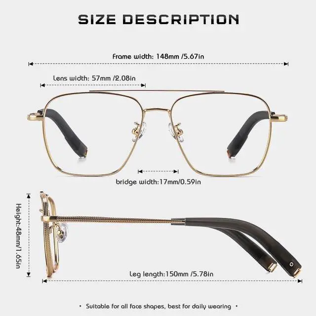 Alt view image 3 of 5 - PRIVOZA Oversized Blue Light Blocking Glasses for Men Double Bridge Retro Metal Eyeglasses/Gaming Glasses UV400 Protection (Glod)