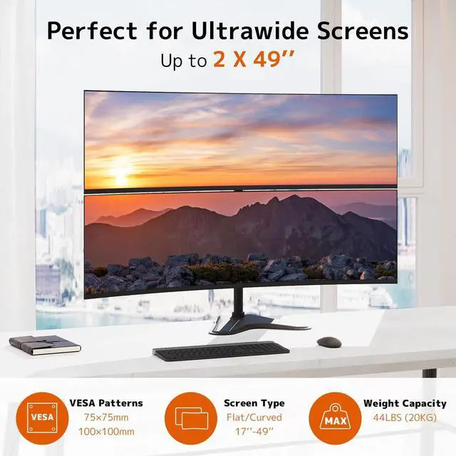 Alt view image 2 of 5 - Dual Monitor Stand Heavy Duty - 17-49 inch Freestanding Vertical Dual Monitor Arm, Adjustable Stacked Double Monitor Desk Mount, Max Load 44 lbs (per Screen), VESA 75/100 mm, Black