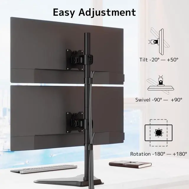 Alt view image 4 of 5 - Dual Monitor Stand Heavy Duty - 17-49 inch Freestanding Vertical Dual Monitor Arm, Adjustable Stacked Double Monitor Desk Mount, Max Load 44 lbs (per Screen), VESA 75/100 mm, Black