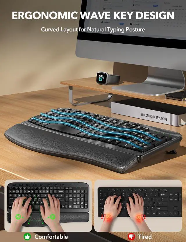 Alt view image 3 of 5 - SABLUTE Wireless Keyboard, 2.4GHz USB Computer Key Board with Cushioned Wrist Rest, Ergonomic Wave Keyboards for Windows, Mac, Chrome, PC, Laptop, Black Full Size - Teclado Inalámbrico