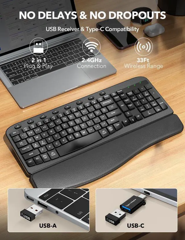 Alt view image 4 of 5 - SABLUTE Wireless Keyboard, 2.4GHz USB Computer Key Board with Cushioned Wrist Rest, Ergonomic Wave Keyboards for Windows, Mac, Chrome, PC, Laptop, Black Full Size - Teclado Inalámbrico