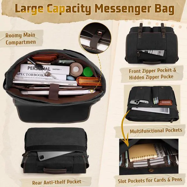 Alt view image 2 of 5 - RAINSMORE Mens Messenger Bag 17-17.3 Inch Vintage Canvas Briefcase Water-resistant Large Computer Laptop Bag Rugged Satchel Shoulder Bag for Work Travel, Bookbag for College