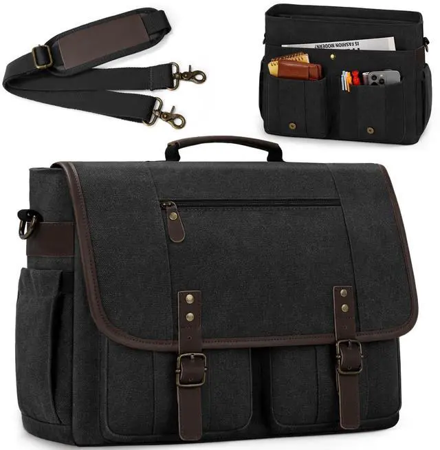 Main image of RAINSMORE Mens Messenger Bag 17-17.3 Inch Vintage Canvas Briefcase Water-resistant Large Computer Laptop Bag Rugged Satchel Shoulder Bag for Work Travel, Bookbag for College