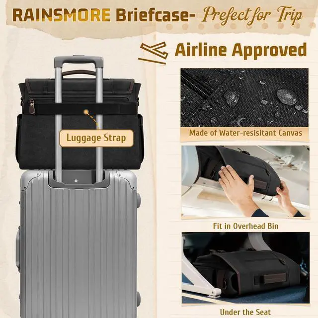 Alt view image 4 of 5 - RAINSMORE Mens Messenger Bag 17-17.3 Inch Vintage Canvas Briefcase Water-resistant Large Computer Laptop Bag Rugged Satchel Shoulder Bag for Work Travel, Bookbag for College