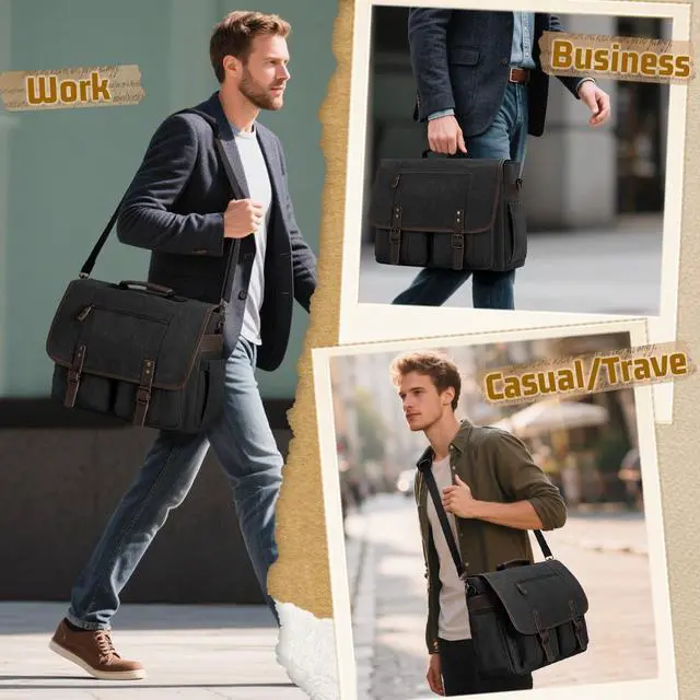 Alt view image 5 of 5 - RAINSMORE Mens Messenger Bag 17-17.3 Inch Vintage Canvas Briefcase Water-resistant Large Computer Laptop Bag Rugged Satchel Shoulder Bag for Work Travel, Bookbag for College