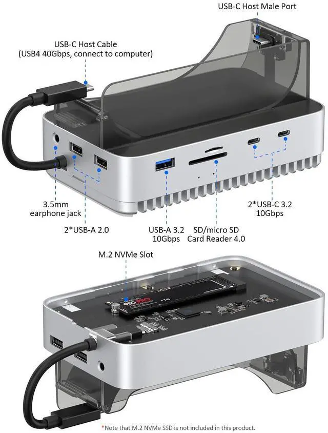 Alt view image 4 of 5 - Qwiizlab 40Gbps Mac mini M4/M4 Pro Stand Hub with NVMe SSD Enclosure, Docking Station with USB-C 10Gbps, USB-A 10Gbps, TF/SD 4.0 Card Readers 312MB/s, USB-A 2.0, Fits M.2 PCIe up to 8TB