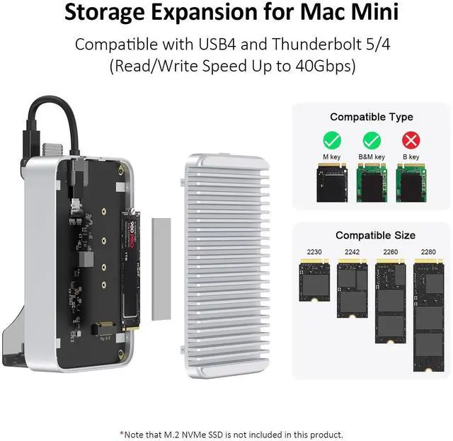 Alt view image 3 of 5 - Qwiizlab 40Gbps Mac mini M4/M4 Pro Stand Hub with NVMe SSD Enclosure, Docking Station with USB-C 10Gbps, USB-A 10Gbps, TF/SD 4.0 Card Readers 312MB/s, USB-A 2.0, Fits M.2 PCIe up to 8TB
