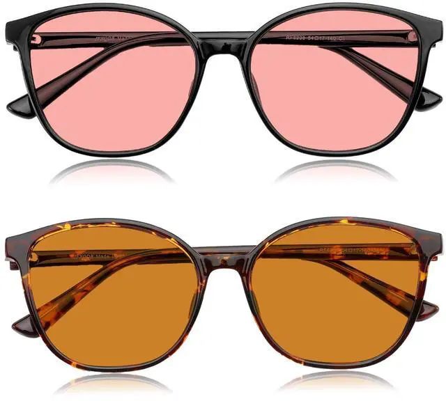 Main image of R.F.YFQH 2 Pack Indoor Fluorescent-41 Pink & Outdoor Fluorescent-60 Brown Tinted Migraine Light Sensitivity Glasses for LED Glare, Photophobia & Gaming Computer JF6208