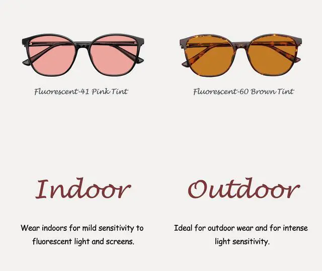 Alt view image 3 of 5 - R.F.YFQH 2 Pack Indoor Fluorescent-41 Pink & Outdoor Fluorescent-60 Brown Tinted Migraine Light Sensitivity Glasses for LED Glare, Photophobia & Gaming Computer JF6208