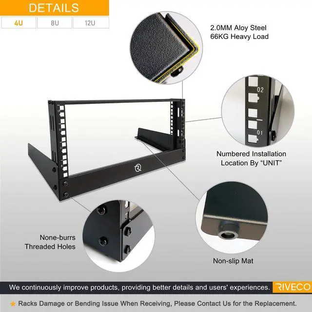 Alt view image 4 of 5 - RIVECO 4U Network Rack Desktop 19 Inch 2 Post Open Frame Shelf with Reinforced Beam, Tabletop Racks for IT Server Sound AV Equipment & 1U Vented Panels