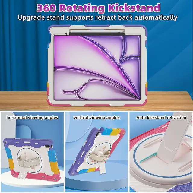 Alt view image 5 of 5 - ROSROME for iPad Air 13 Inch Case M3 2025 / M2 2024 with HD Screen Protector, Shoulder Strap, 360 Stand, Hand Strap, Pen Holder [ Kids Friendly] Heavy Duty Shockproof Drop Protection