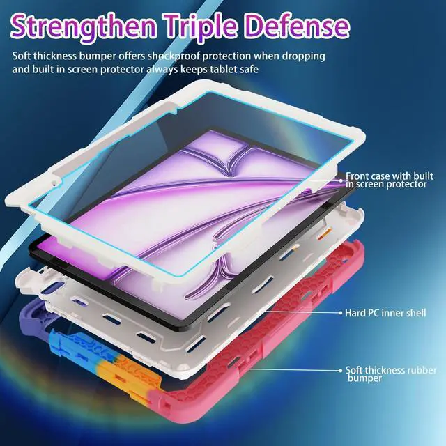 Alt view image 3 of 5 - ROSROME for iPad Air 13 Inch Case M3 2025 / M2 2024 with HD Screen Protector, Shoulder Strap, 360 Stand, Hand Strap, Pen Holder [ Kids Friendly] Heavy Duty Shockproof Drop Protection