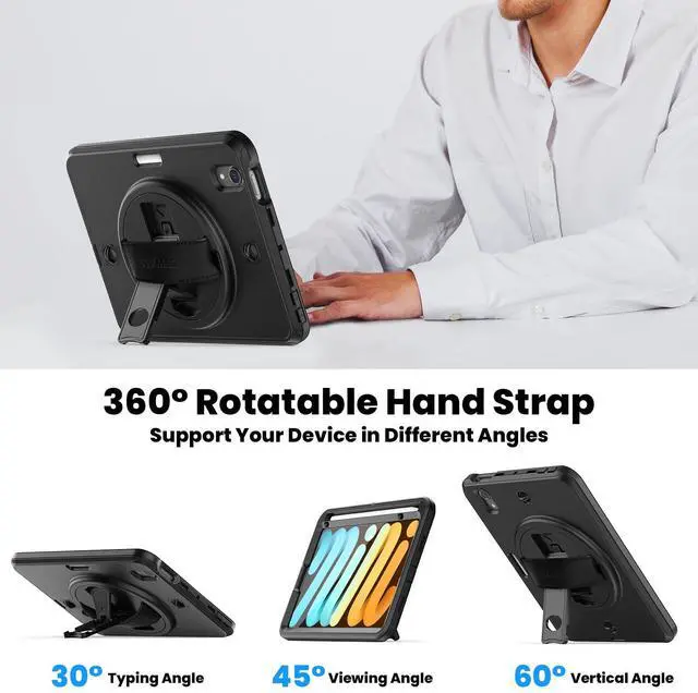 Alt view image 5 of 5 - SEYMAC Case for iPad mini 7 (A17 Pro) 2024/ Mini 6 8.3 Inch, Shockproof Protective Case with Screen Protector, Stand, Hand/Shoulder Strap and Pencil Holder for iPad mini 7th/6th Generation, Black