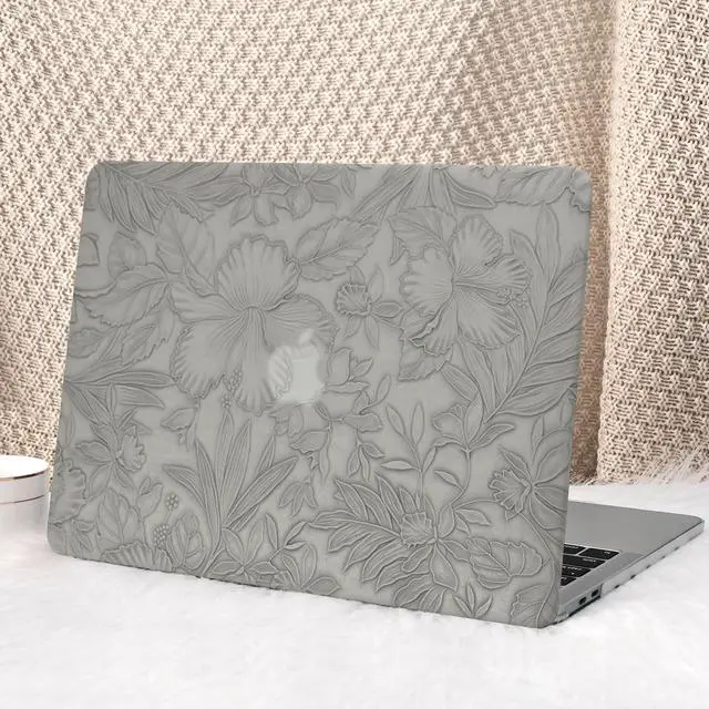 Main image of Seorsok Compatible with MacBook Pro 13 inch Case M2 2023,2022,2021-2016 A2338 M1 A2251 A2289 A2159 A1989 A1708 A1706,Leaves Flowers Leather Hard Shell Case with Keyboard Cover,Grey Blooming Floral
