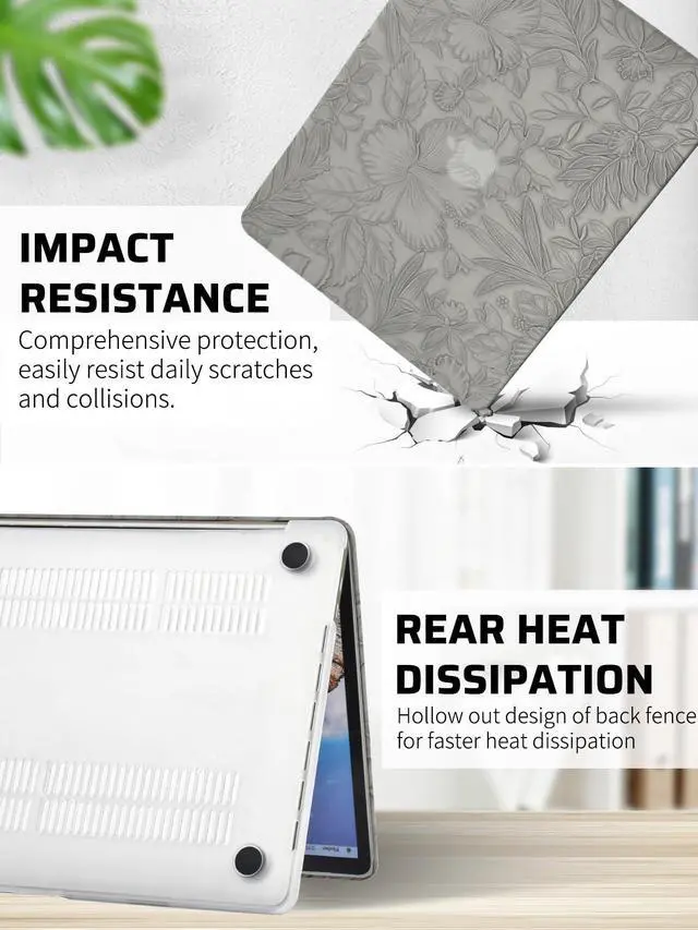 Alt view image 5 of 5 - Seorsok Compatible with MacBook Pro 13 inch Case M2 2023,2022,2021-2016 A2338 M1 A2251 A2289 A2159 A1989 A1708 A1706,Leaves Flowers Leather Hard Shell Case with Keyboard Cover,Grey Blooming Floral