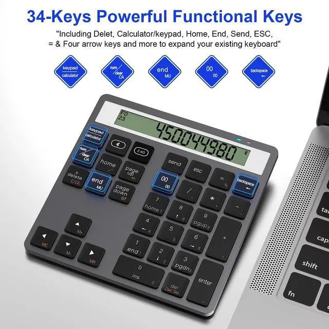 Alt view image 2 of 5 - 2 in 1 Bluetooth Number Pad with Display Calculator - Wireless Number Pad Portable 2.4G for Laptop/PC, 34 Key Quiet Numeric Keypad Compatible with Windows/Mac/iOS/Android/Linux - (Accounting/Office)