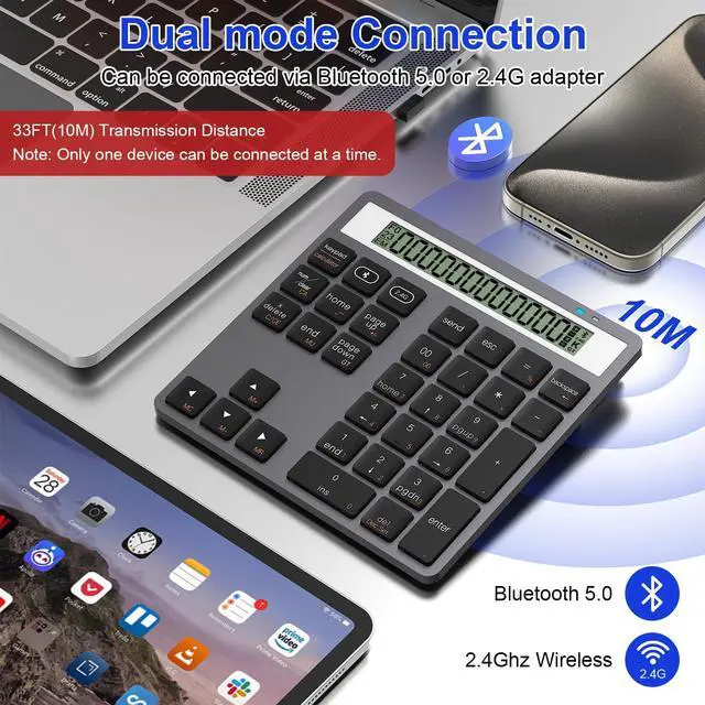 Alt view image 3 of 5 - 2 in 1 Bluetooth Number Pad with Display Calculator - Wireless Number Pad Portable 2.4G for Laptop/PC, 34 Key Quiet Numeric Keypad Compatible with Windows/Mac/iOS/Android/Linux - (Accounting/Office)