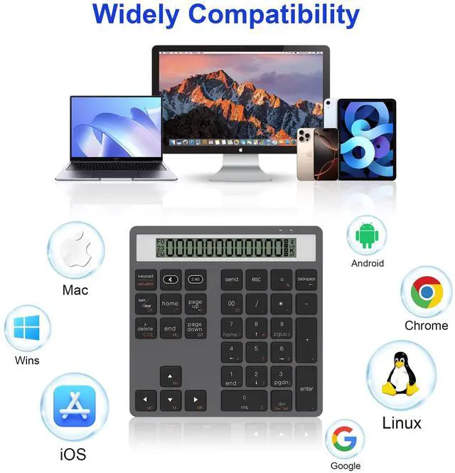 Alt view image 5 of 5 - 2 in 1 Bluetooth Number Pad with Display Calculator - Wireless Number Pad Portable 2.4G for Laptop/PC, 34 Key Quiet Numeric Keypad Compatible with Windows/Mac/iOS/Android/Linux - (Accounting/Office)