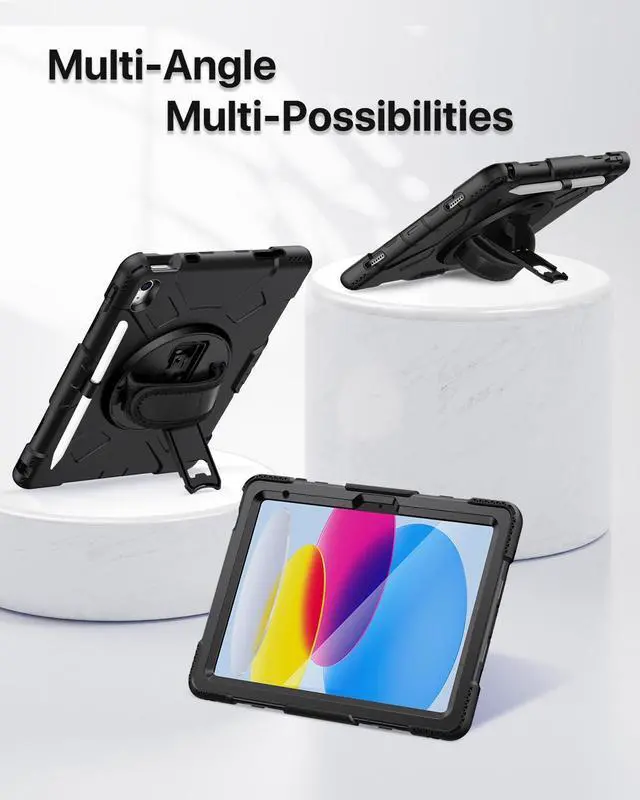 Alt view image 3 of 5 - for iPad(A16) 11 inch 2025 case/10.9 inch iPad 10th Generation Case, Heavty Duty Shockproof Full Protective Case with Screen Protector and Rotatable Hand Strap, Shoulder Strap (Black)