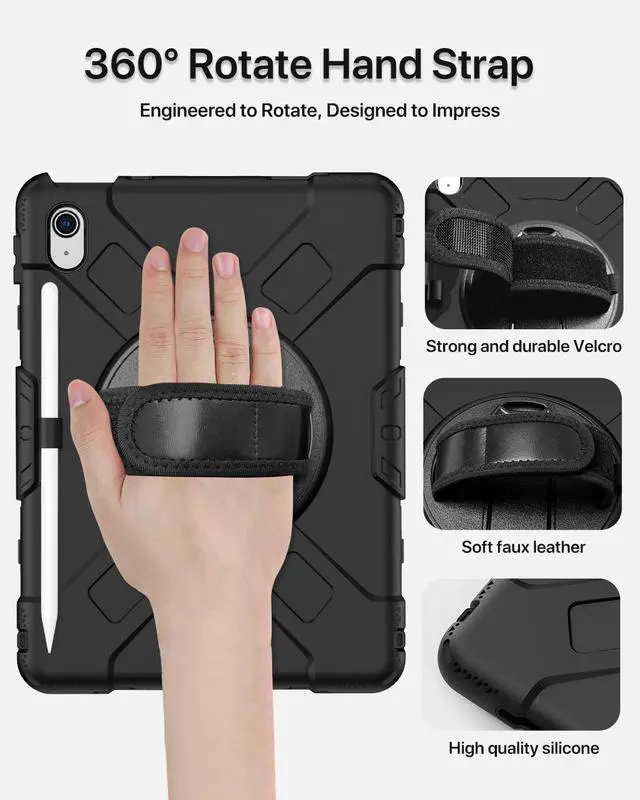 Alt view image 4 of 5 - for iPad(A16) 11 inch 2025 case/10.9 inch iPad 10th Generation Case, Heavty Duty Shockproof Full Protective Case with Screen Protector and Rotatable Hand Strap, Shoulder Strap (Black)