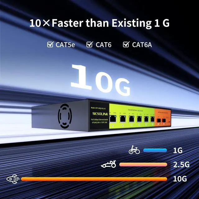 Alt view image 3 of 5 - 10GB Switch 8 Port Unmanaged with 6*10g RJ45 Ports, 2*10g SFP+ Ports,10Gbe Network Switch, Desktop or 19-inch Rack Mount, Silent Operation, Suitable for 10GB NAS, WiFi 7 Router and Gaming PC.