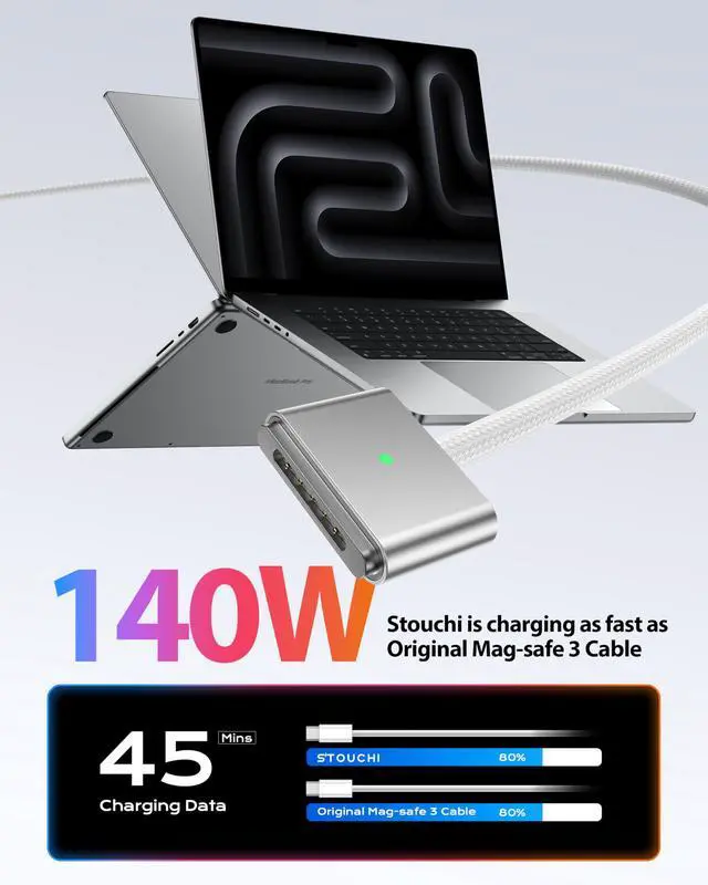 Alt view image 4 of 5 - Stouchi USB-C to Magnetic 3 Cable (6.6ft), 140W Fast Charging for MacBook Air (15''/13'' M4 2025, M3 2024, M2 2023, M2 2022), Pro (16"/14" 2024/2023/2021) White