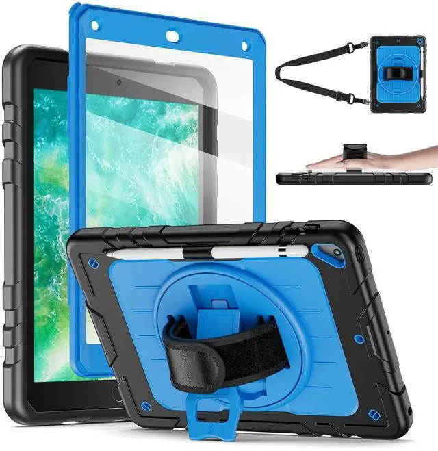 Main image of Stweap Case for iPad 6th/5th Generation 9.7'' with Screen Protector Pencil Holder [360 Rotating Hand Strap] &Stand, Drop-Proof Case for iPad 6th/5th/ Air 2/ Pro 9.7 (Black&Sky Blue)