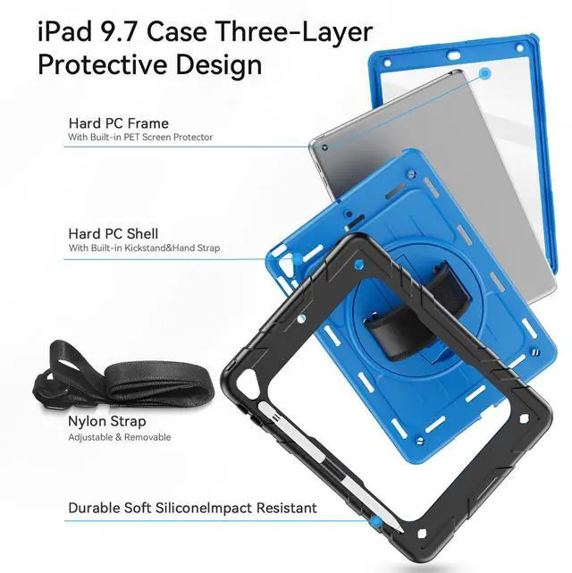 Alt view image 4 of 5 - Stweap Case for iPad 6th/5th Generation 9.7'' with Screen Protector Pencil Holder [360 Rotating Hand Strap] &Stand, Drop-Proof Case for iPad 6th/5th/ Air 2/ Pro 9.7 (Black&Sky Blue)