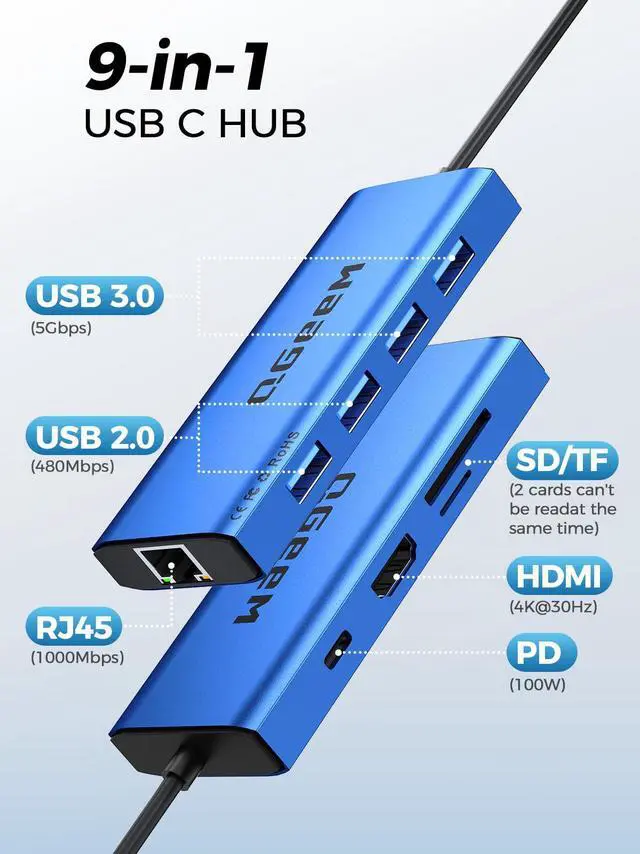 Alt view image 2 of 5 - QGeeM USB C Hub Ethernet,9 in 1 USB Type C Hub HDMI Multi-Port Converter Adapter,100W Pd, USB 3.0,SD/TF Card Reader,Compatible for MacBook Pro Air Ipad HP Dell Lenovo Chromebook etc.-Blue