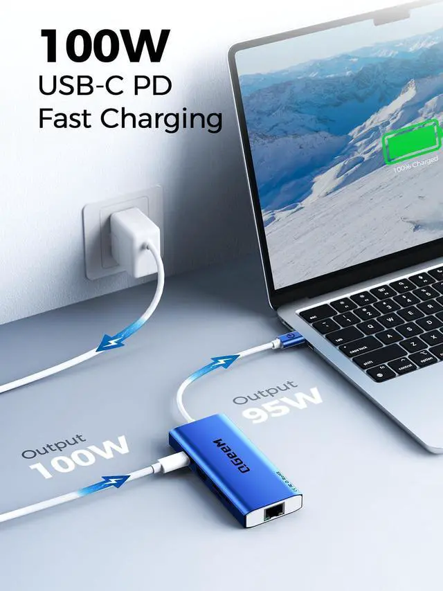 Alt view image 5 of 5 - QGeeM USB C Hub Ethernet,9 in 1 USB Type C Hub HDMI Multi-Port Converter Adapter,100W Pd, USB 3.0,SD/TF Card Reader,Compatible for MacBook Pro Air Ipad HP Dell Lenovo Chromebook etc.-Blue