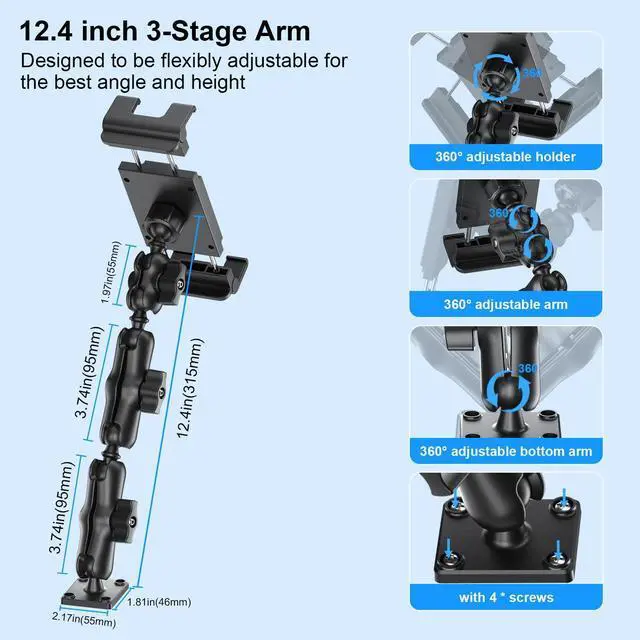 Alt view image 3 of 5 - PLDHPRO Tablet Holder for Car Dashboard Heavy Duty Drill Base 360deg Adjustable 3-Stage Stand Dash Mount Compatible with iPad, Galaxy Tab, Fire HD, 5.1-15.6'' Phone Tablets for Truck Wall Desk Vehicle