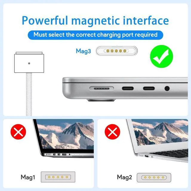Alt view image 2 of 3 - 70W Magnetic 3 Mac Book Pro Charger- Compatible with MacBook pro 14 inch(2021-2023) & Mac Book Air 13/15 inch(2022-2024),Include 6.6FT USB C to 3 Braided Cable