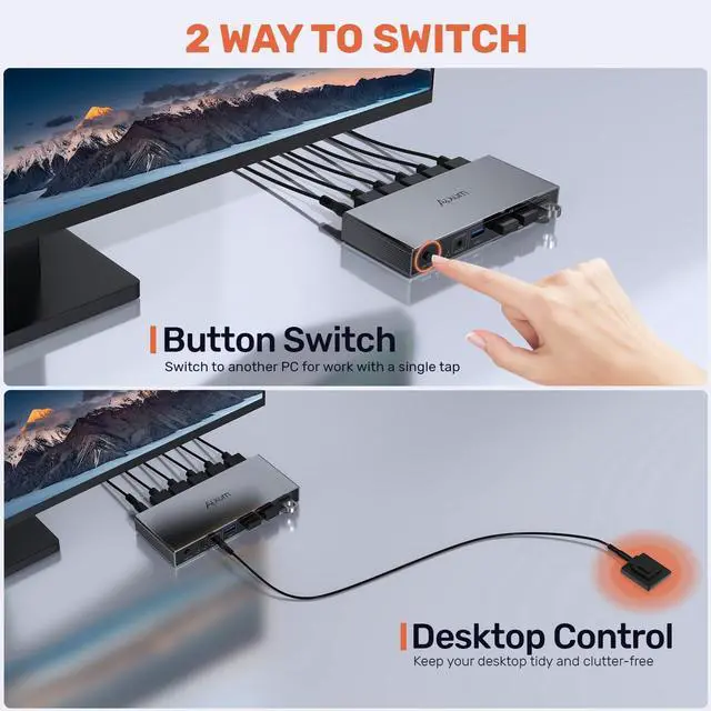 Alt view image 4 of 5 - Alxum DP 1.4 KVM SwitchTwo Computers Sharing One Monitor,Two Mode Switching,8K 60Hz Ultra HD, 4 USB A 5Gbps for Keyboards,Mouse,USB Drives,External Hard Drives,with Desktop Controller&DC5V Adapter
