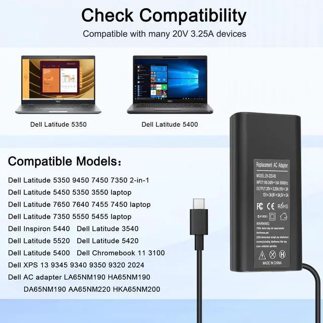 Alt view image 2 of 5 - 65W 60W Charger Power Cord for Dell Pro 14 16 13 Plus PB13250 PB16250 PB14250 2 in1 Premium PA13250 PA14250 Rugged 14 13 RB14250 RA13250 P192G P191G P200G P199G