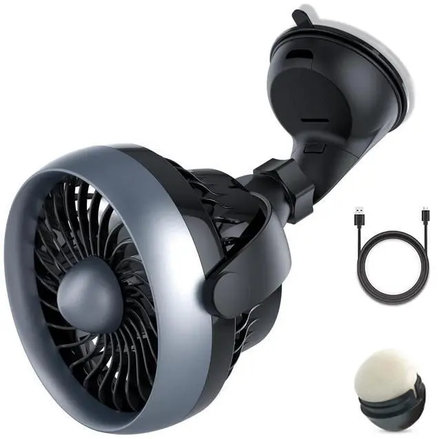 Main image of Portable Car Fan with Strong Suction and 4 Speeds,USB Dashboard Cooling Air Wall Fan for Sedan SUV RV Auto Vehicles Home, Window, Windshield, Bathroom, 4.92ft Cord, 5V, Quiet, Bonus Aroma Function